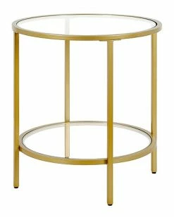 Abraham + Ivy Sivil Brass Finish Round Side Table With Glass Shelf Home